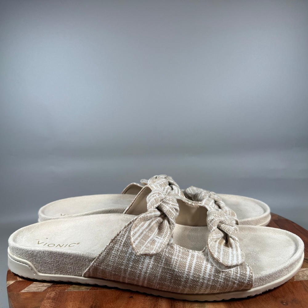 Vionic Elara Tan Striped Knot Slide Sandals Womens Size 13 Orthotic Comfort